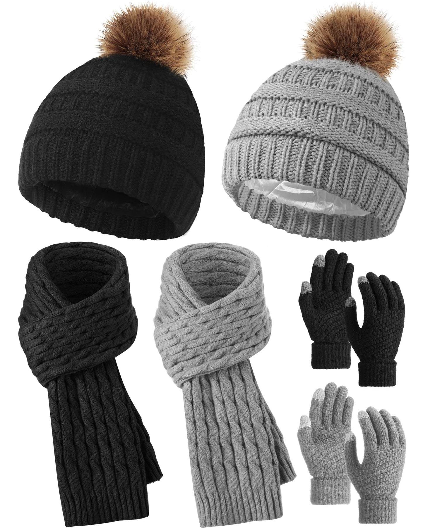 Neer 6 Pcs Winter Hat Scarf Gloves Set for Women Xmas Gifts Women Beanie Hat Touchscreen Gloves Long Scarf(Gray, Pink)