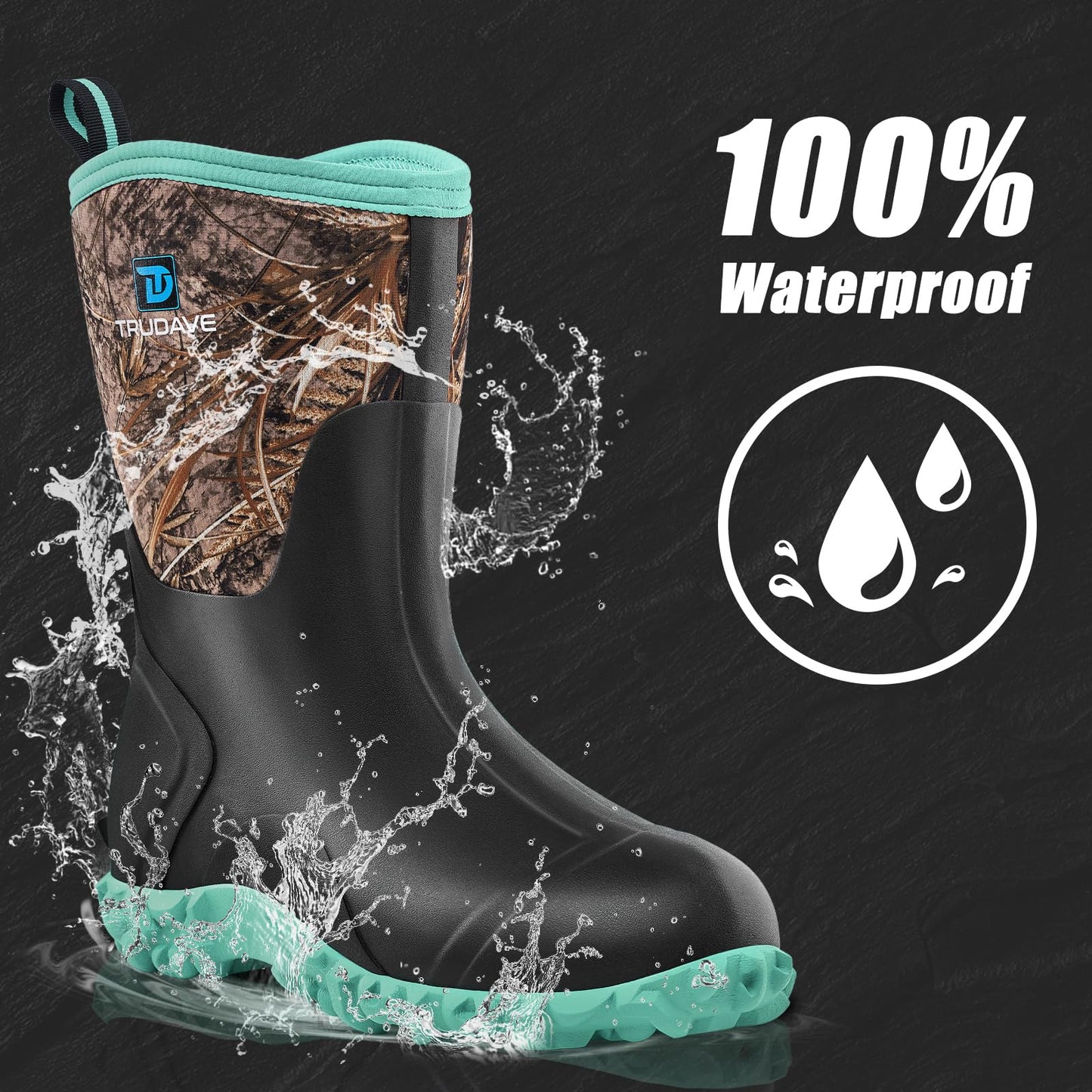 Trudave Rubber Boots for Women with Steel Shank, 6mm Neoprene Mid Calf Rain Boots, Waterproof Insulated Mud Work Boots All Season, Green, Size 6