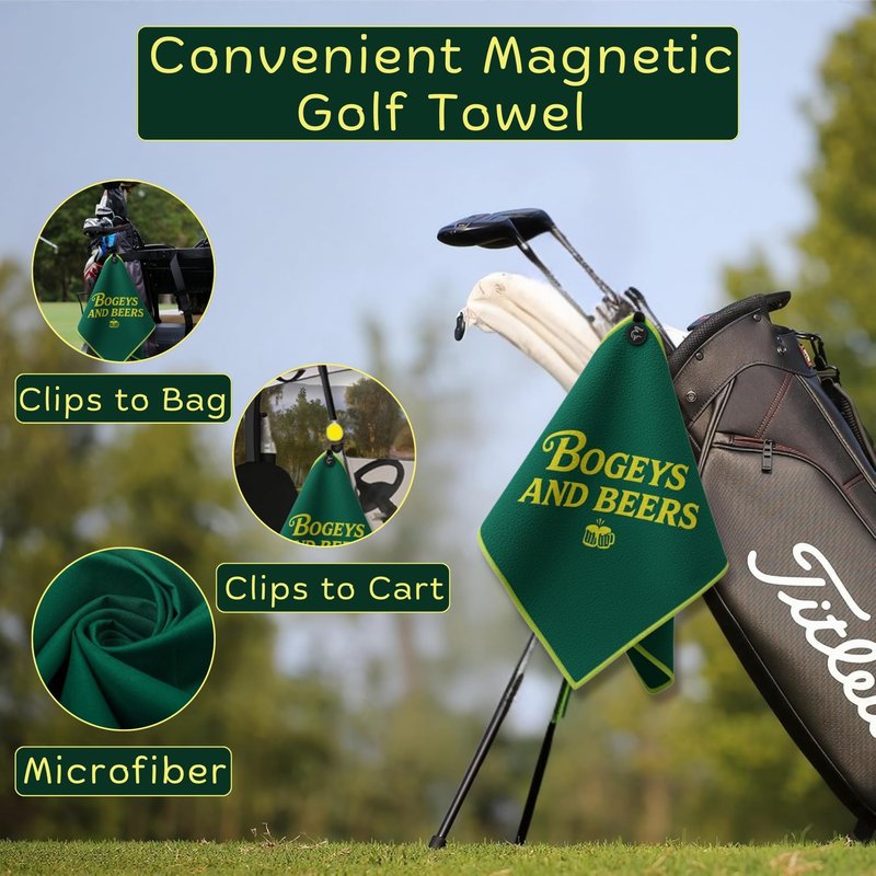 Bogeys and Beers Magnetic Golf Towel, Green and Gold Microfiber with Carabiner Clip