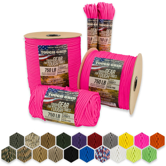 TOUGH-GRID 750lb Paracord/Parachute Cord - 100% Nylon Mil-Spec Type IV Paracord Used by The US Military, Great for Bracelets and Lanyards, 50Ft. - Neon Pink