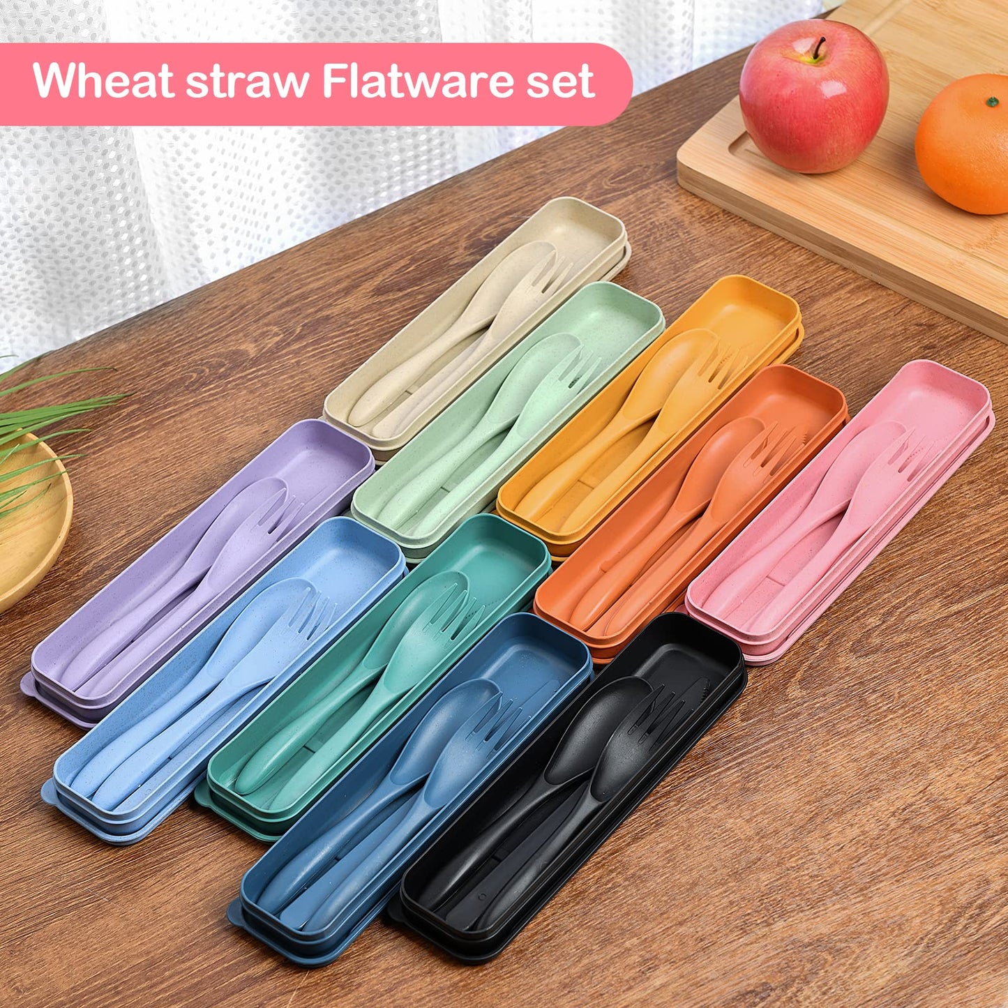 Reusable Travel Utensils Set with Case, 10 Sets Wheat Straw Portable Knife Fork Spoons Cutlery, Eco-Friendly BPA Free Plastic Tableware for Kids Adults Travel Picnic Camping Silverware