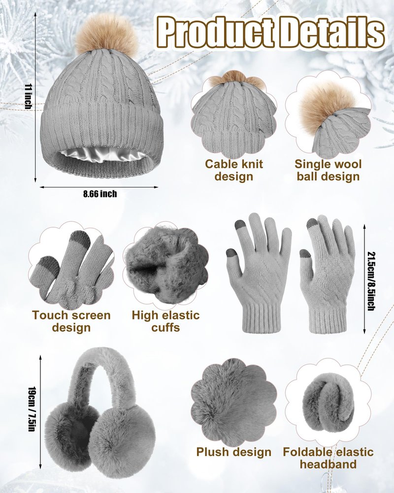 Suhine 8 Pcs Women Hat Scarf Gloves and Earmuff Set Winter Knit Beanie Pompom Hat Warm Touch Screen Gloves for Men Adult(Black, Gray,Stain,Chunky Twist Style)