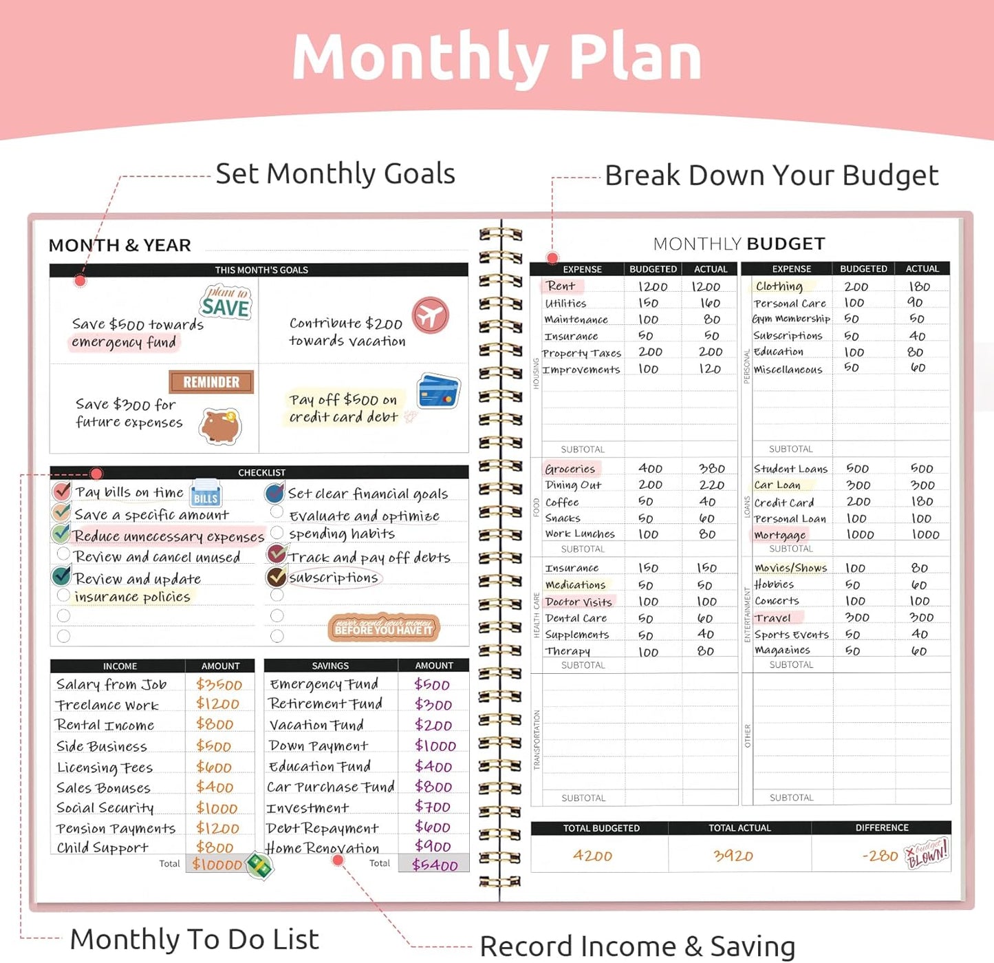 Monthly Budget Planner - Undated Expense Tracker Notebook & Bill Organizer | Finance Planner in Pink
