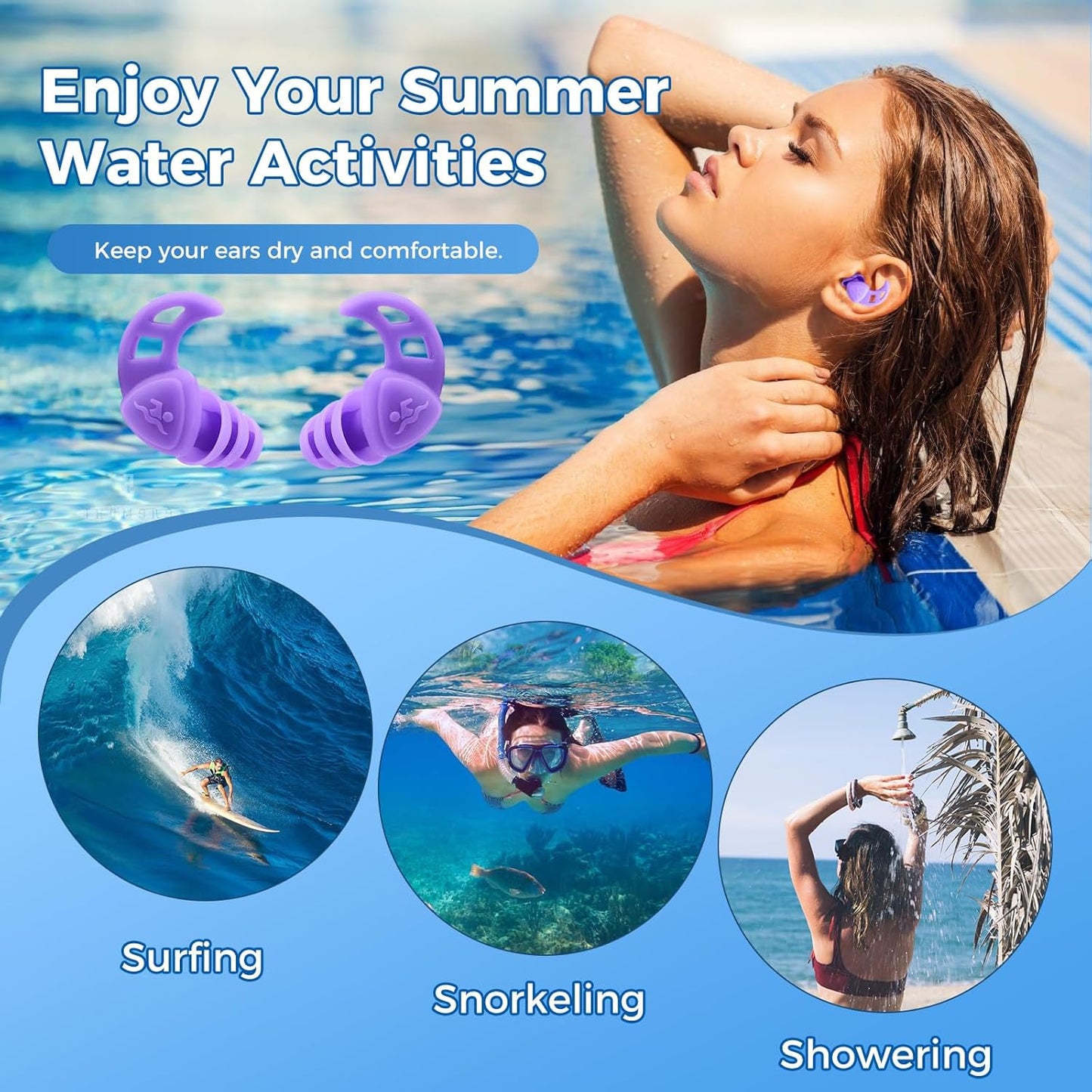 Swimming Earplugs for Adults - Comfortable Waterproof Silicone Design | Perfect for Pool & Beach Use