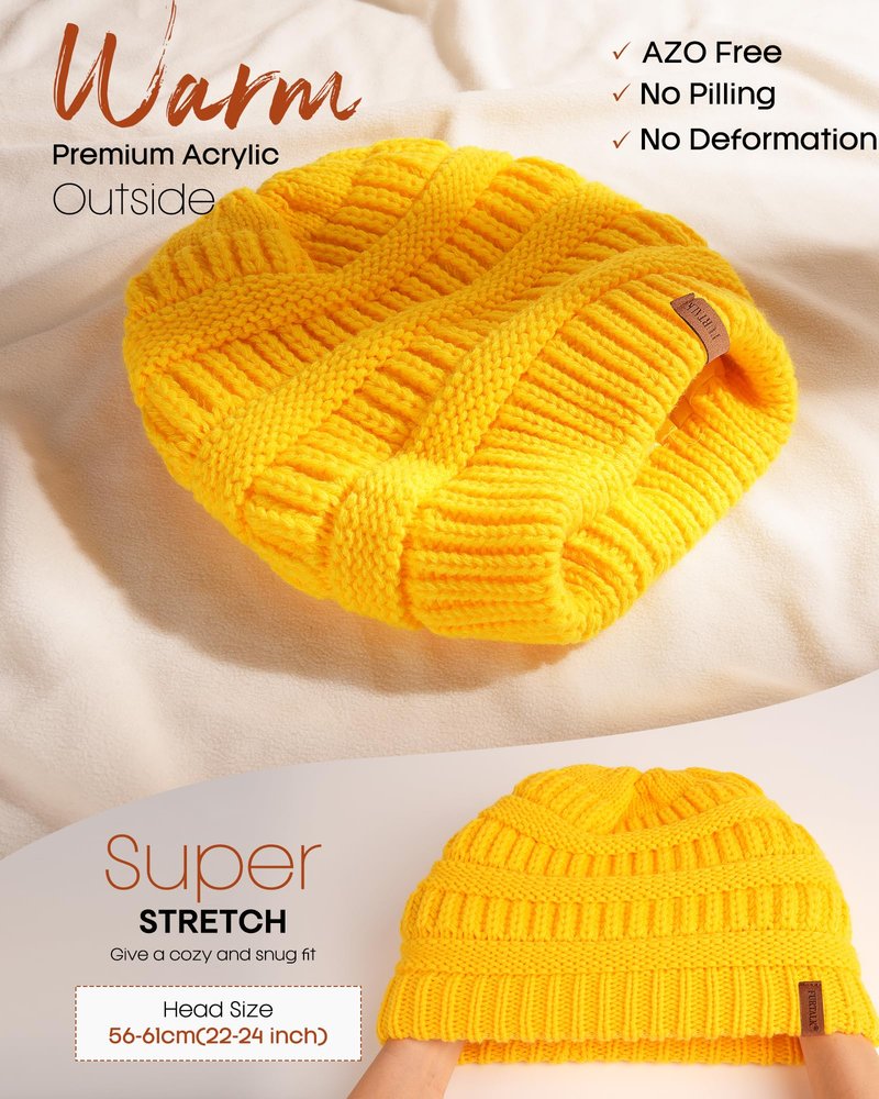 FURTALK Winter Beanie Hat for Women Satin Lined Cable Knit Chunky Slouchy Beanies Skull Warm Cap Yellow