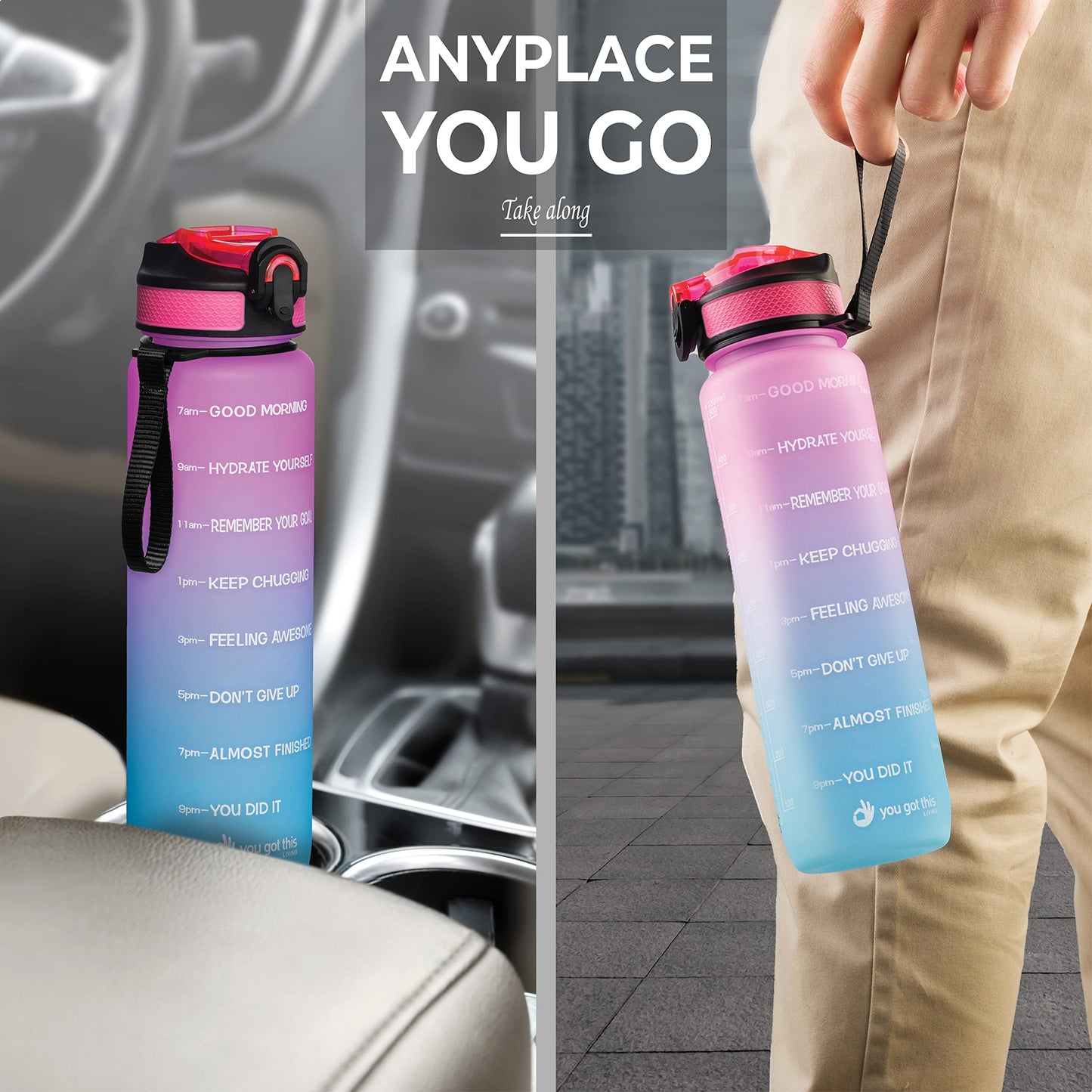 YOU GOT THIS LIVING Motivational Water Bottle with Time Marker, 32 oz Water Bottle, Sports Water Bottle with Spout, Achieve All-Day Hydration SpillProof, BPA FREE