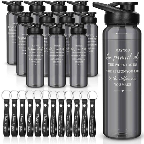 Lallisa 24 Pcs Employee Thank You Gifts 12 Plastic 24 oz Water Bottles Bulk and 12 Thank You Sign Silicone Keychain Appreciation Gifts May You Be Proud of Work for Volunteer Employee Coworker Gray