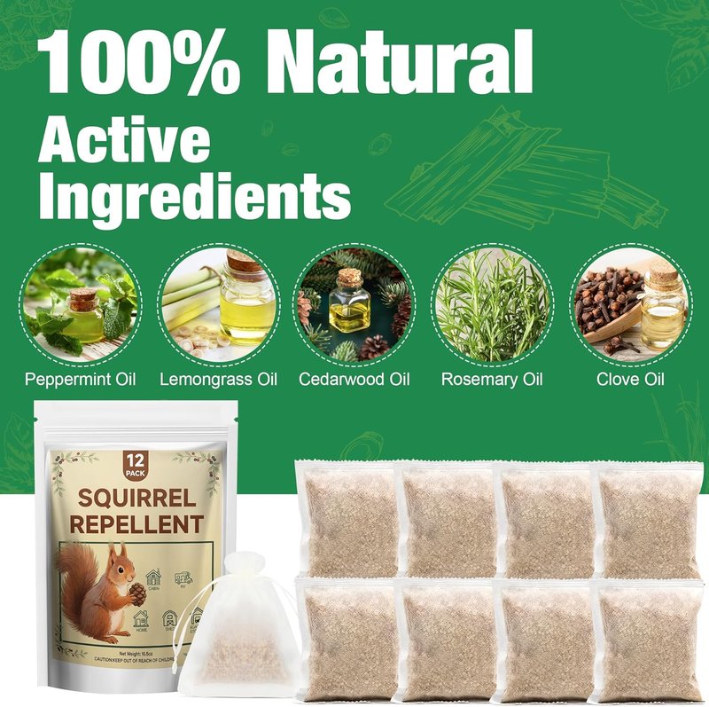 Squirrel Repellent - Natural Peppermint Oil Deterrent for Gardens, Patios & Yards | 12-Pack