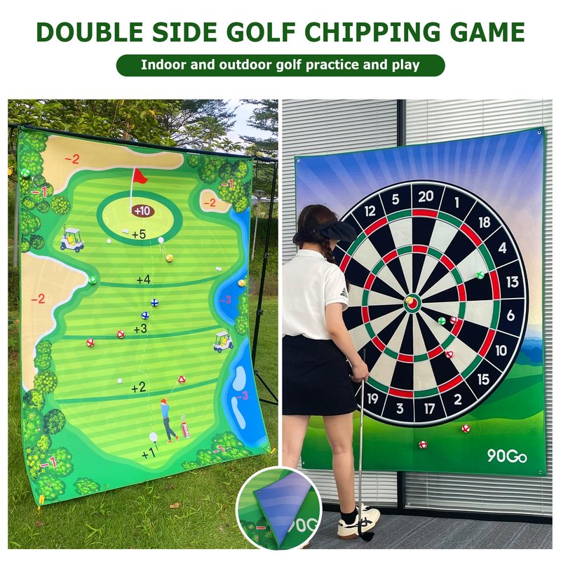 90Go Double-Sided Chipping & Dart Game Mat Set with Golf Club, 20 Sticky Balls, 6Ft x 5Ft Supersize Game Training Mat, Ideal Indoor & Outdoor Gifts for Adults, Family, and Kids Play