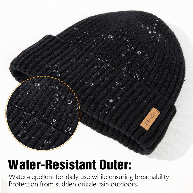 TOP-EX DryKnit™ Waterproof L/XL/XXL Winter Fleece Lined Beanie Hat for Men Women Warm Knit Watch Skull Cap Cold Weather (US, Alpha, Medium, Large, Black(Sentinel))