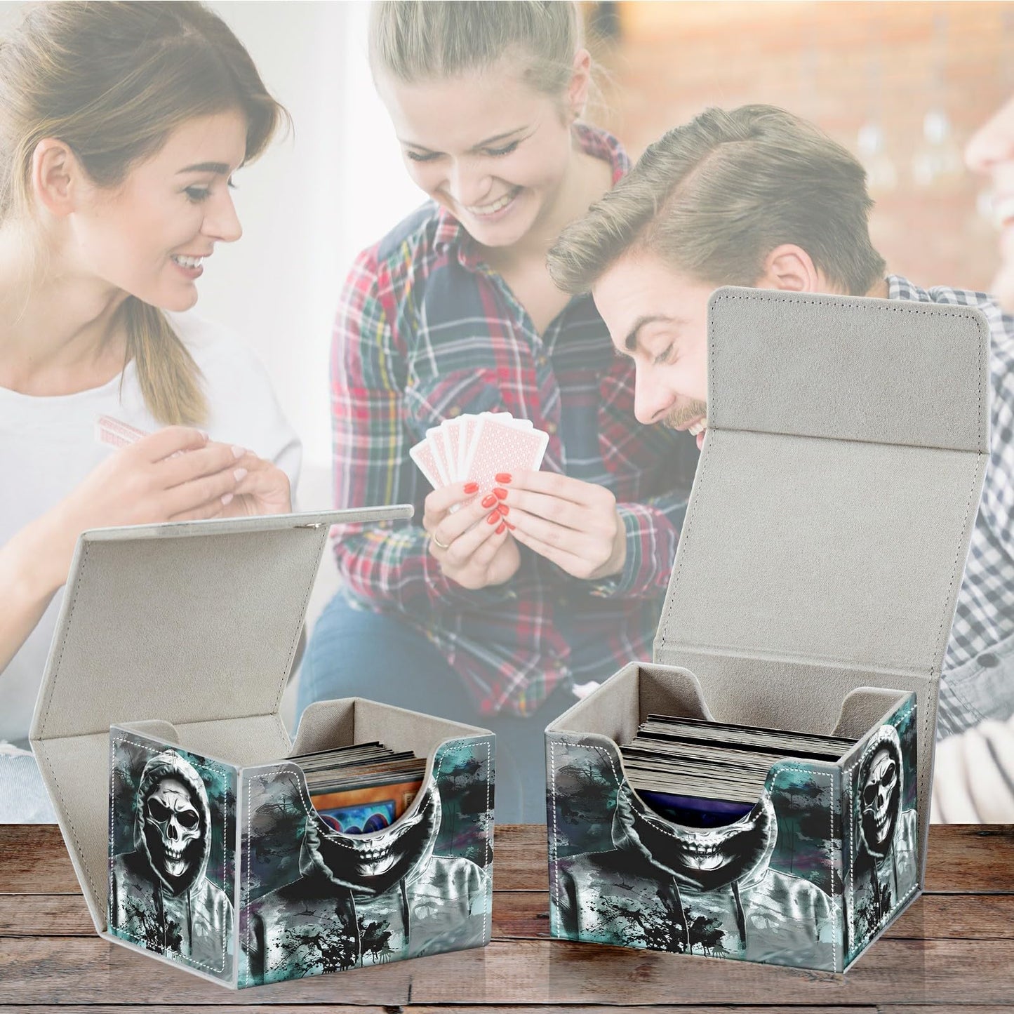 RWUTYTIUL Card Deck Box for MTG Cards, Card Storage Box Fits 100+ Sleeved Cards, PU Leather Large Size Strong Magnet Card Deck Case Holder for Board Game Magic MTG TCG CCG, Cool Skull