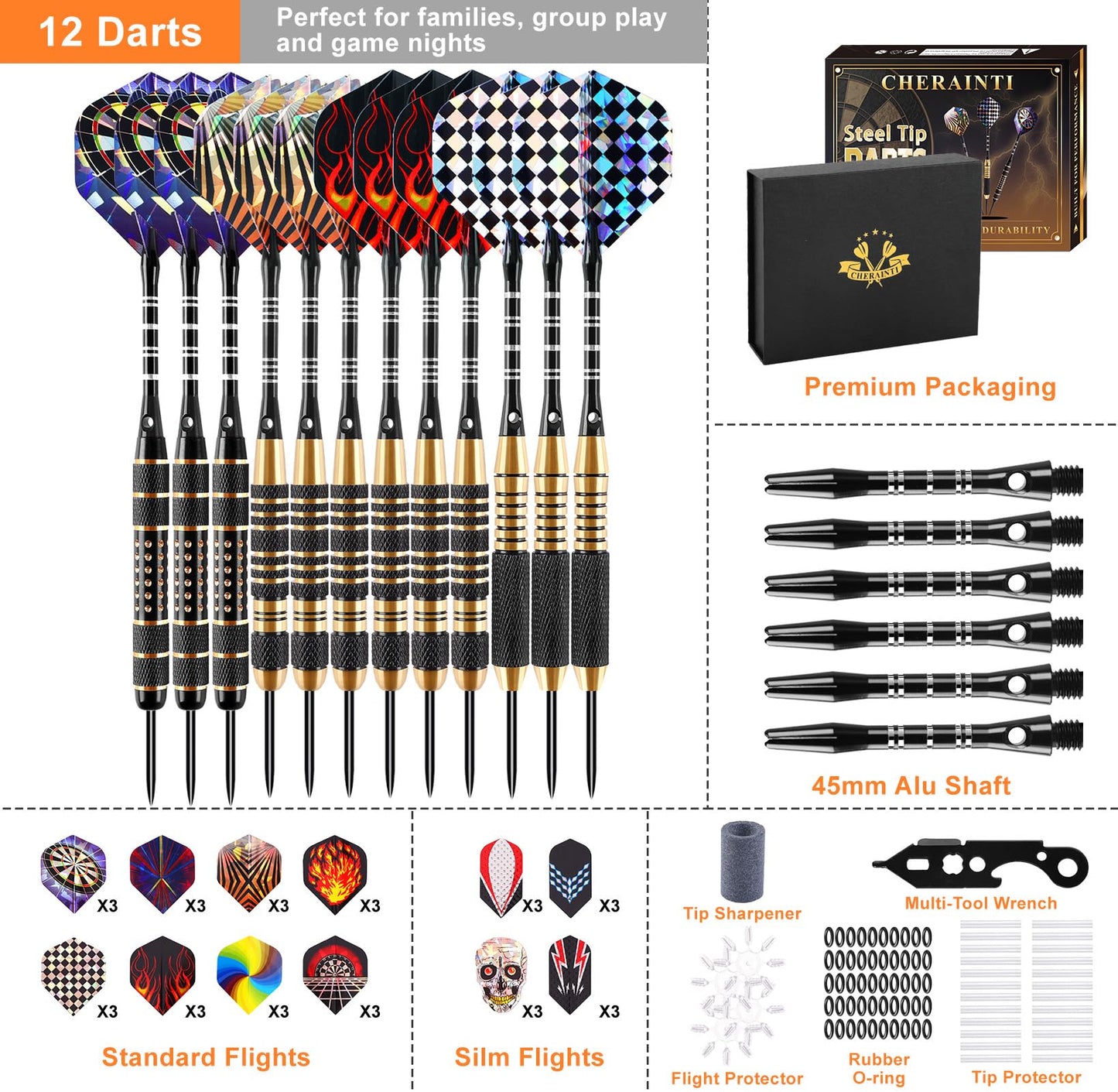 CHERAINTI Darts Metal Tip Set, 12 PCS Professional Steel Tip Darts for Dartboard with 20g 22g 24g Brass Barrels, 18 Aluminum Shafts, 36 Flights, 50 Rubber O-Rings, Sharpener Tool Kit and Gift Box
