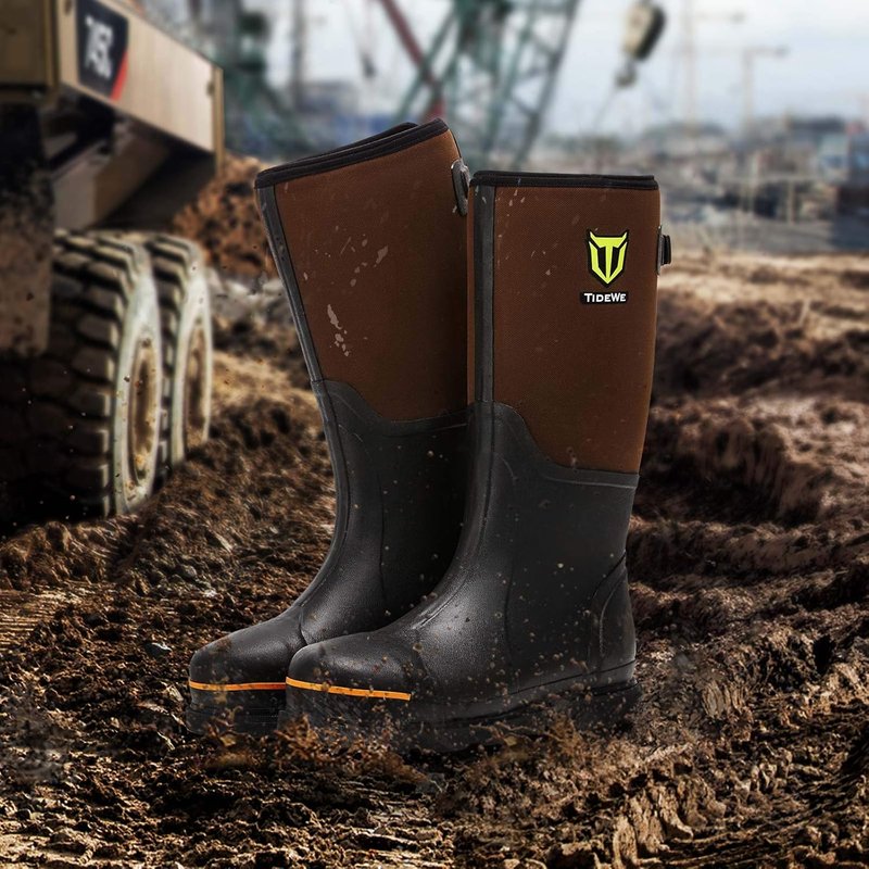 TIDEWE Rubber Work Boots for Men - Steel Toe Waterproof Anti-Slip Hunting Boots | Size 7-13, Black/Brown
