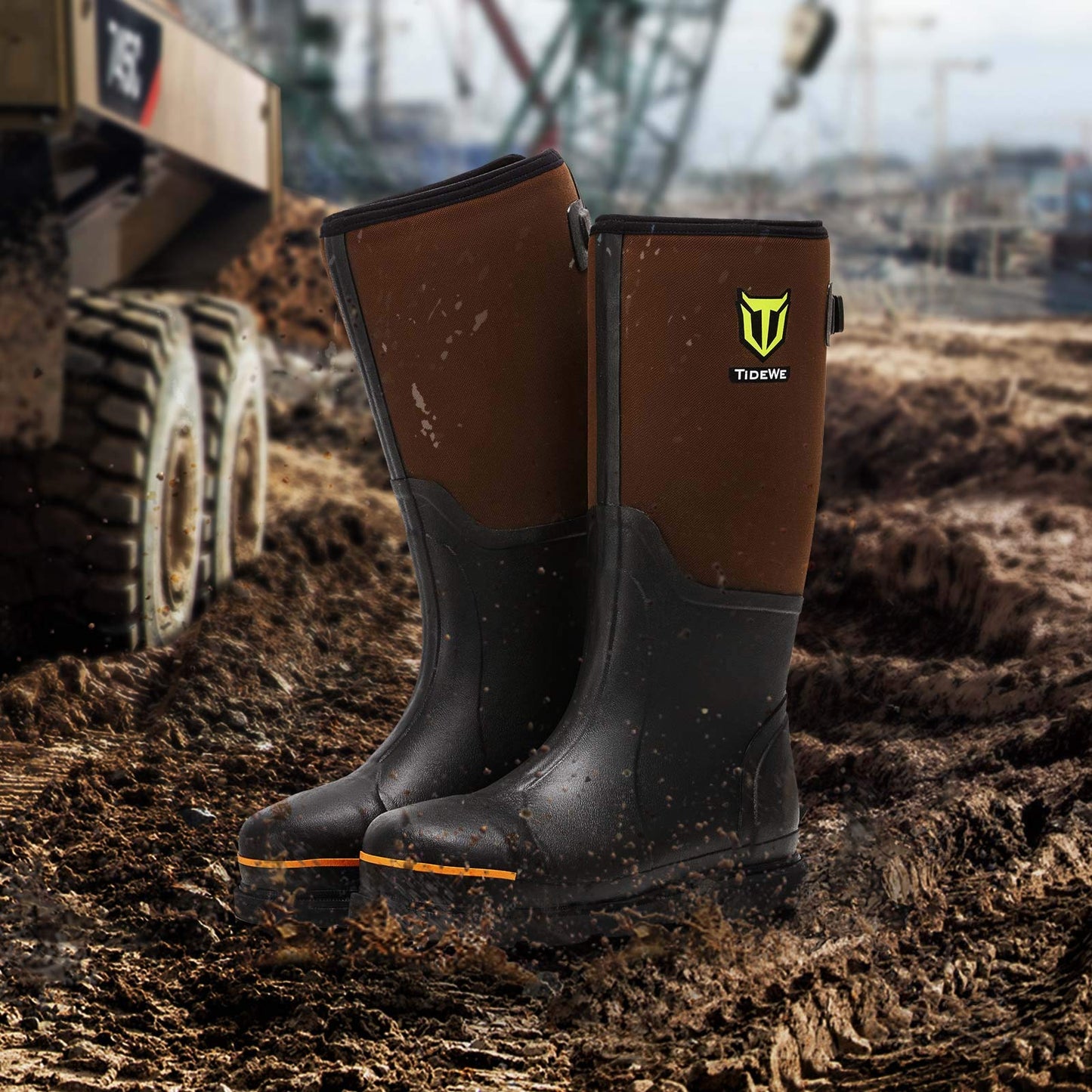 TIDEWE Rubber Work Boot for Men with Steel Toe & Shank, Waterproof Anti Slip Hunting Boot, 6mm Neoprene Hunting Boot for Manufacturing, Construction, Farming, Brown, Size 7