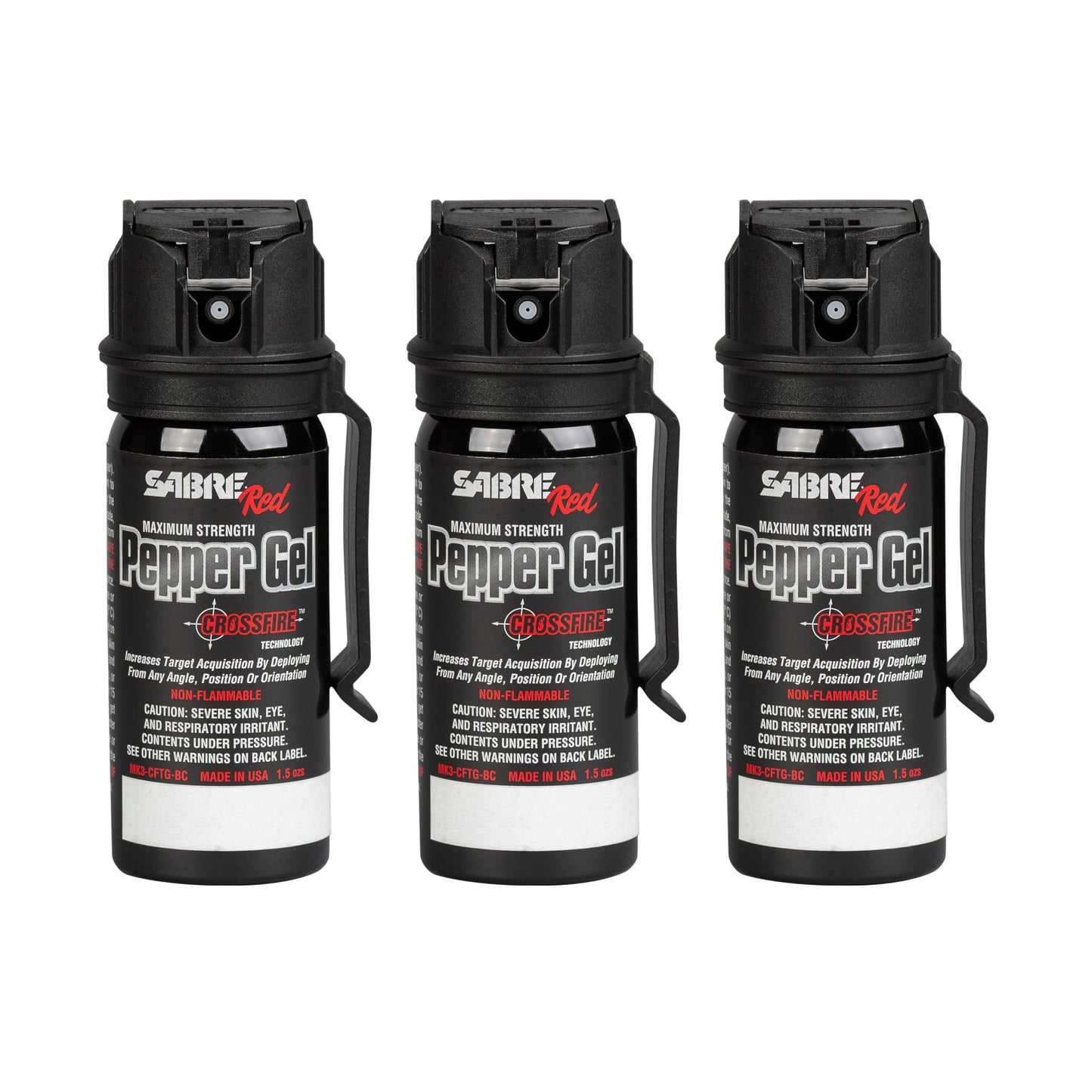 SABRE Crossfire Pepper Gel for Self Defense, Deploys At Any Angle, Maximizes Target Acquisition Against Threats, Easy Carry Belt Clip Safety Flip Top, Max Police Strength Pepper Spray 1.5 fl oz 3 Pack