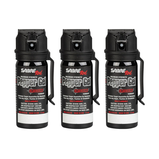 SABRE Crossfire Pepper Gel for Self Defense, Deploys At Any Angle, Maximizes Target Acquisition Against Threats, Easy Carry Belt Clip Safety Flip Top, Max Police Strength Pepper Spray 1.5 fl oz 3 Pack