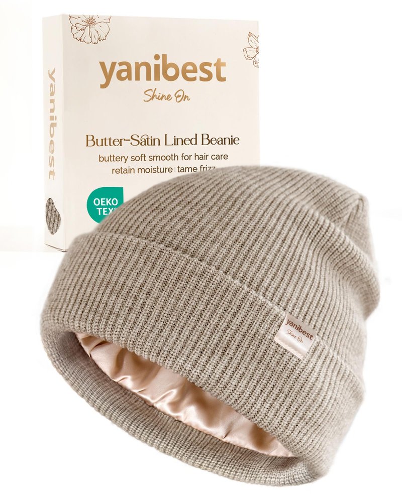 YANIBEST Beanie Hat for Women Men Satin Lined Beanie Hats Winter Hat Womens Cuffed Beanies Knit Skull Cap Warm Ski Hat Unisex Khaki