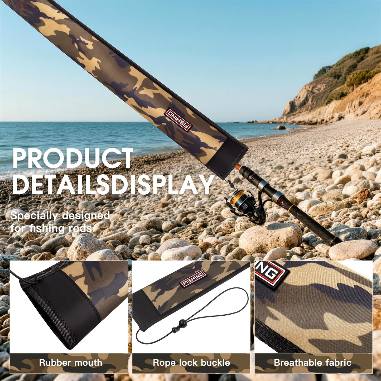 Fishing Rod Sleeve Protector, Waterproof Camouflage Pattern, Fits Casting 62in and Spinning 64in Rods, Hook Resistant with Adjustable Reel Strap, 1 Count (Casting, Camo)