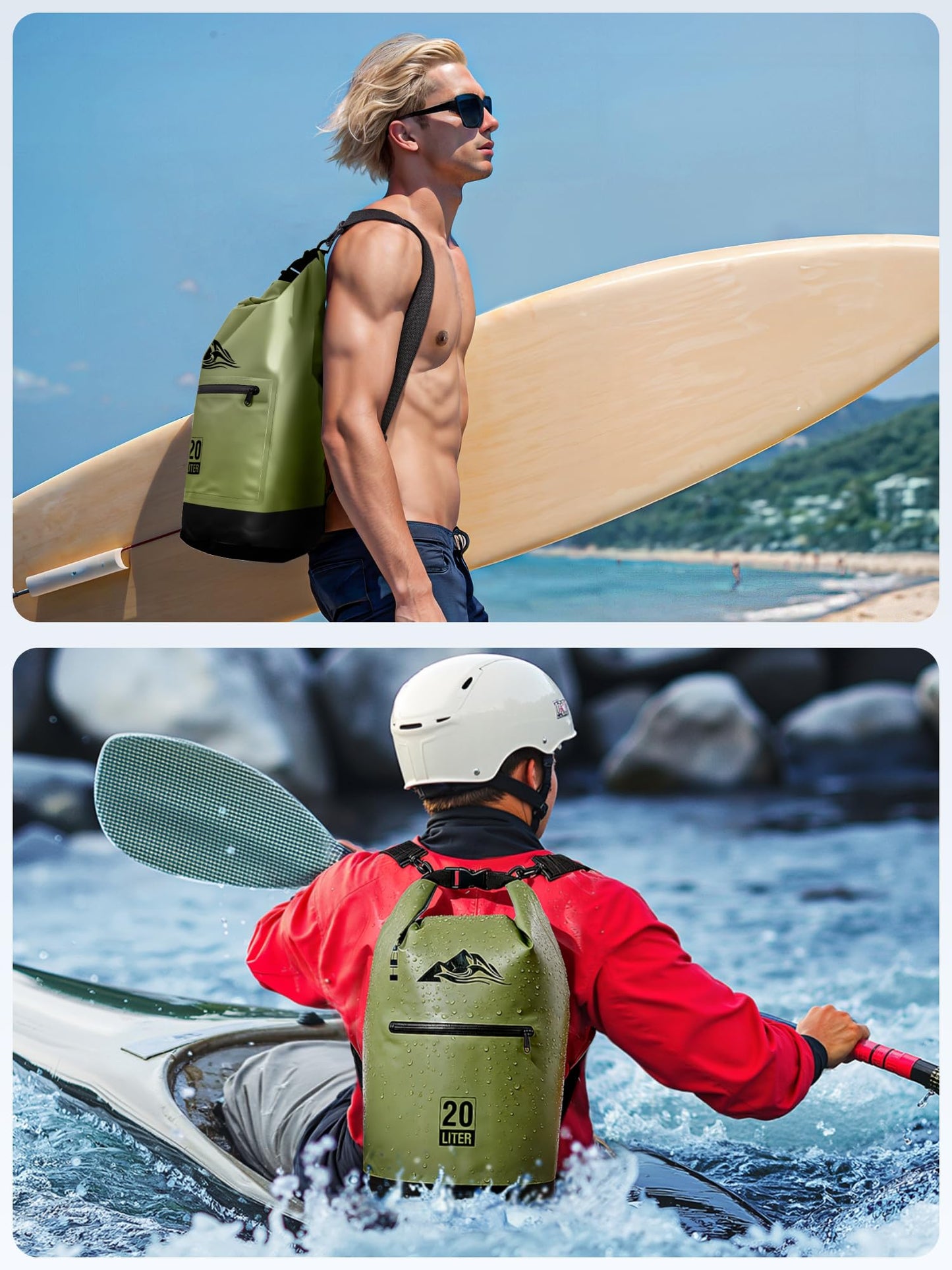HEETA Waterproof Dry Bag with Front Zippered Pocket for Women Men, Roll Top Lightweight Dry Storage Bag Backpack for Travel, Kayaking, Boating, Rafting, Camping, Hiking & Beach (Green, 10L)