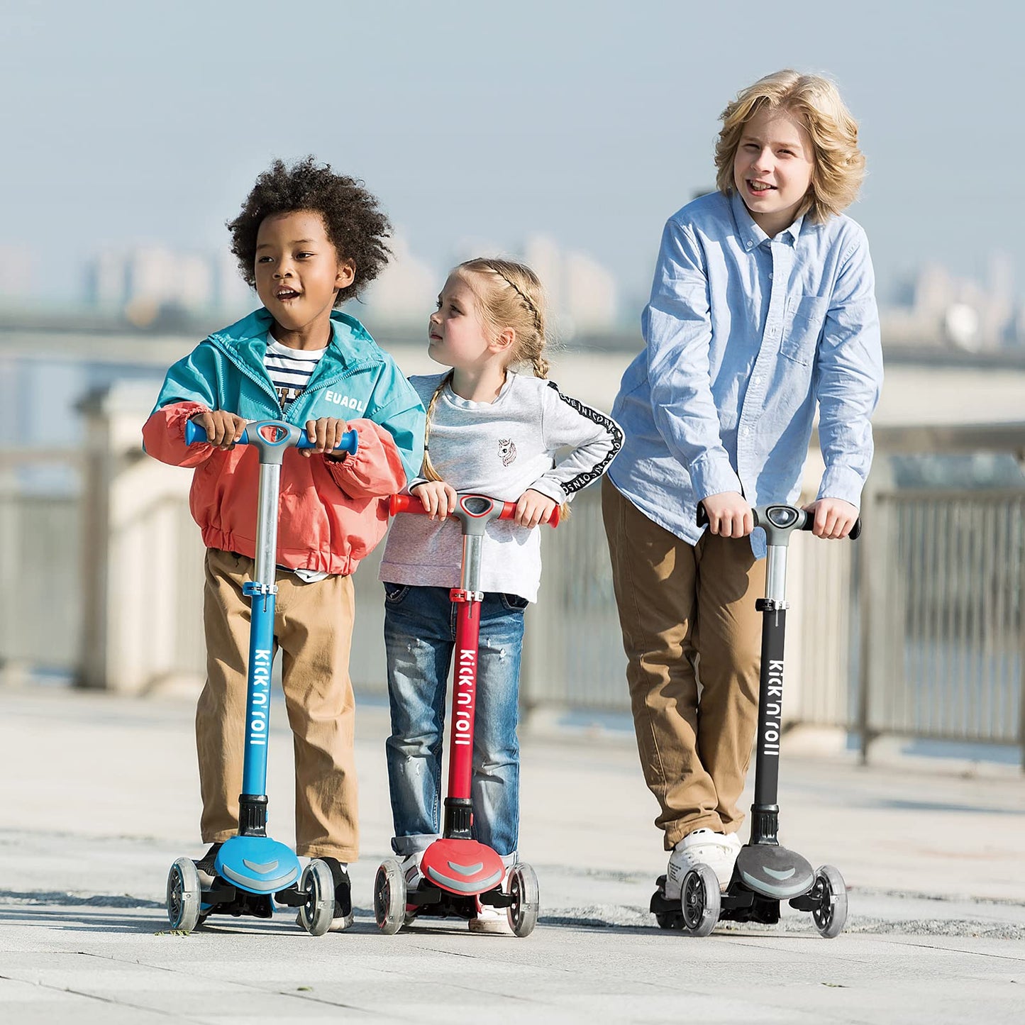 Kicknroll Kids Kick Scooter 2-in-1 Light Up 3 Wheel Scooters with 4 Levels Adjustable Handlebar, Folding Seat, Extra Wide No-Slip Deck for Girls Boys Ages 3-8 Years Old Max 110 Lbs