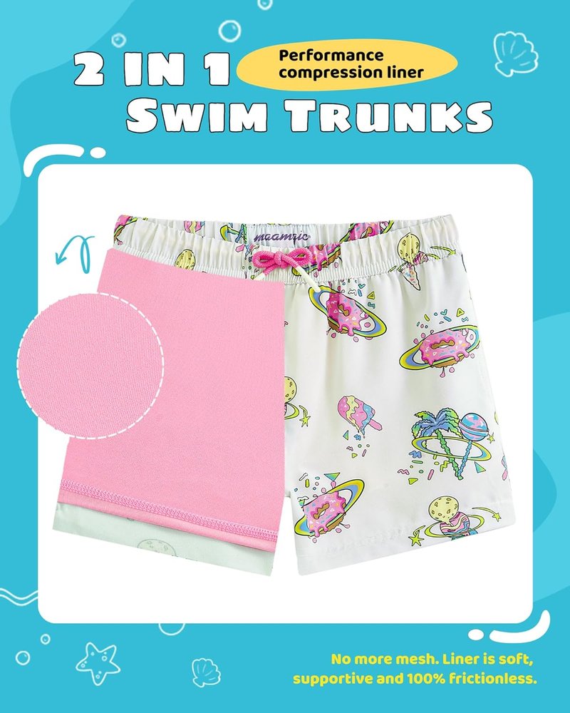 Boys Swim Trunks with Compression Liner | Toddler Stretch Swim Shorts for Comfort