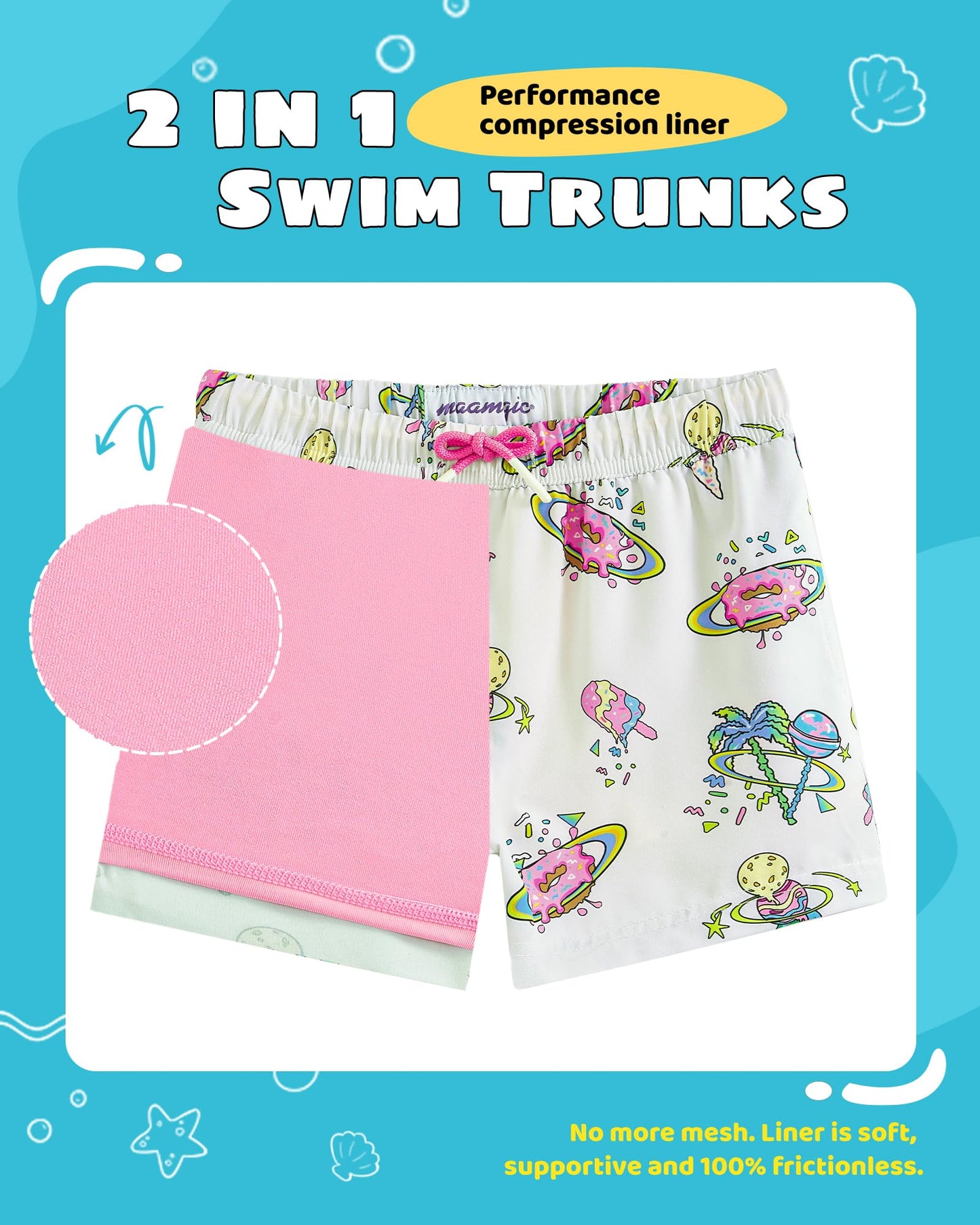 maamgic Boys Swim Trunks with Compression Liner Toddler Stretch Swim Shorts Quick Dry Swimming Trunks Boxer Brief 2 in 1 Beach Shorts Dessert Universe 8
