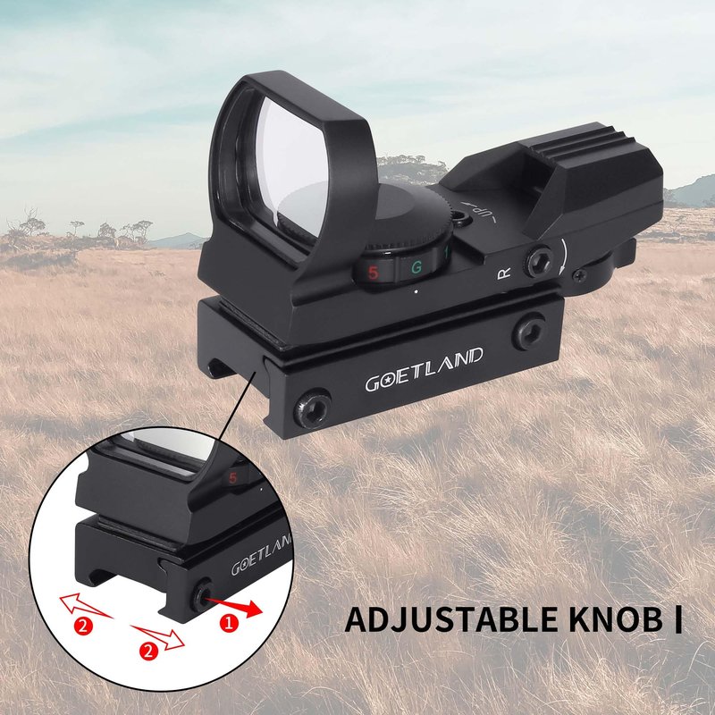 Goetland Reflex Sight Adjustable 4 Reticle Patterns Green Red Dot Illuminated 33mm Lens with 20mm Rail for Airsoft Tactical Hunting