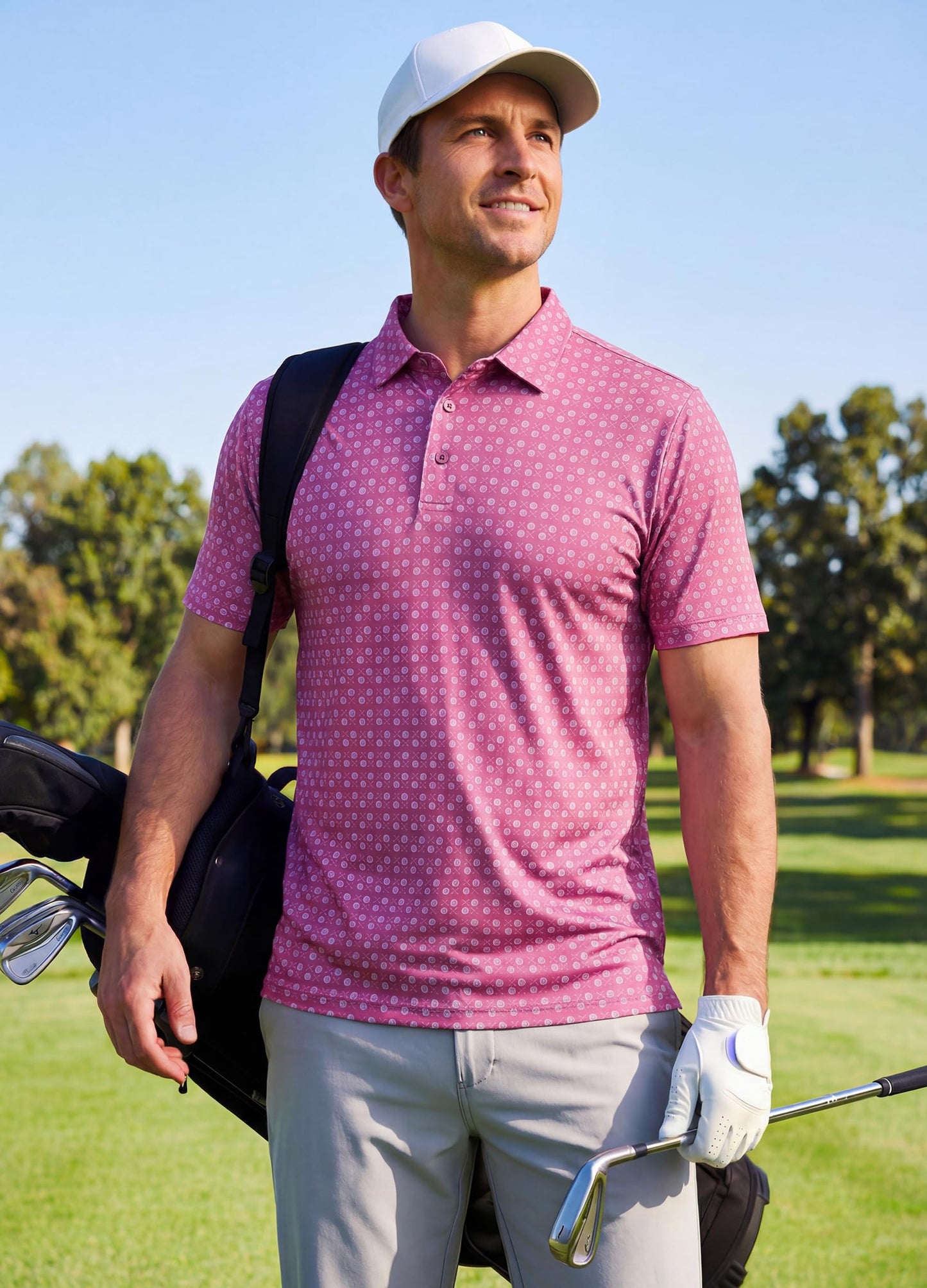Libin Golf Shirts for Men Short Sleeve Quick Dry Performance Moisture Wicking Print Collared Polo Shirts Casual Business, Rosy Golf Ball, Large