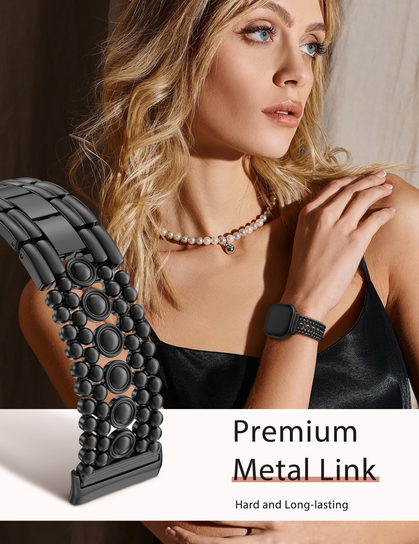 Minyee Metal Bands Compatible with Fitbit Versa 3/Sense 2/Versa 4/Sense Band Women, Dainty Pretty Stainless Steel Fancy Punk Black Adjustable Round Studded Link Bracelet Replacement Strap for Versa 3