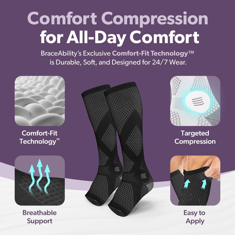 BraceAbility Compression Socks for Circulation - (2 Pairs) 20-30 mmHg Knee High Neuropathy Open Toe Stockings Best for Varicose Veins, POTS, Restless Leg, Toeless Support for Men or Women (L - Black)