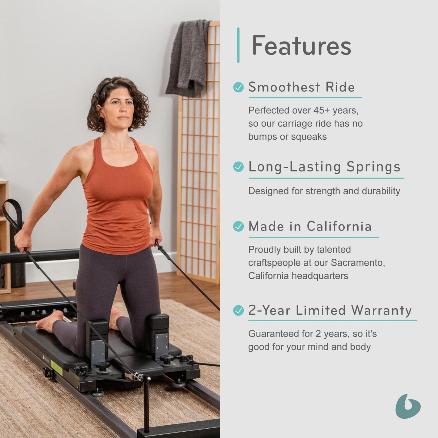 Balanced Body Metro IQ Pilates Reformer with Wheelbarrow Wheels, Pilates Exercise Equipment, Workout Equipment for Home or Studio, Black Upholstery