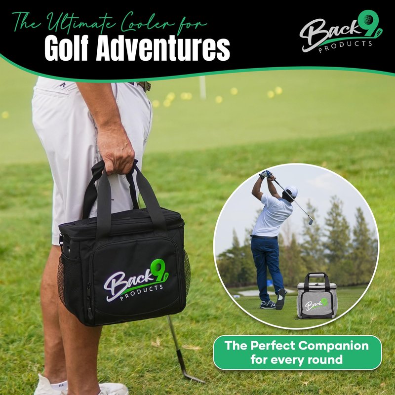 Back9Products Golf Cart Cooler Bag with Magnetic Lid - 12 Can Soft Sided Insulated Cooler, Leakproof & Waterproof - Portable Cooler - Push Carts, Work, Camping, Travel, Men & Womens Gifts (Black)