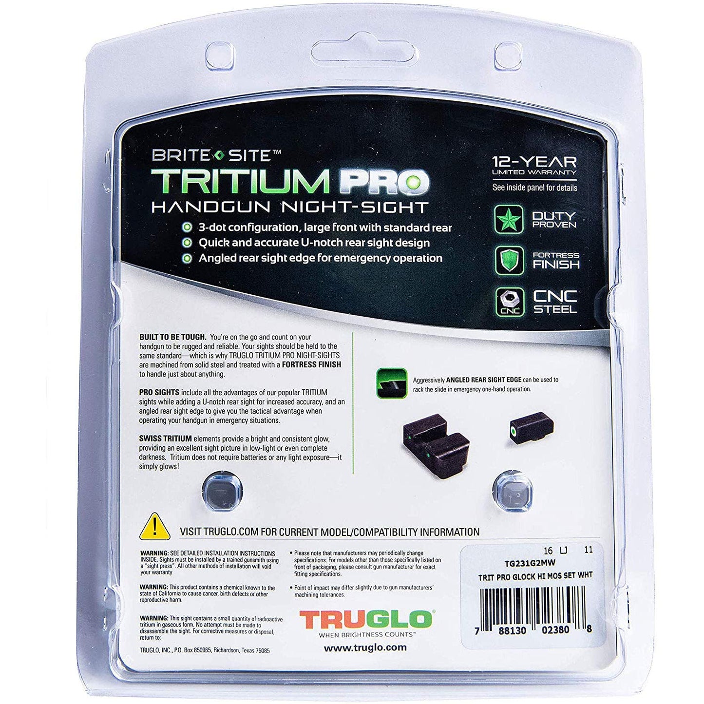 TruGlo Tritium Compact Pro Glow in the Dark Gun Glock Pistol Sight with Focus Lock Ring for Glock MOS 20, 21, 25, and More