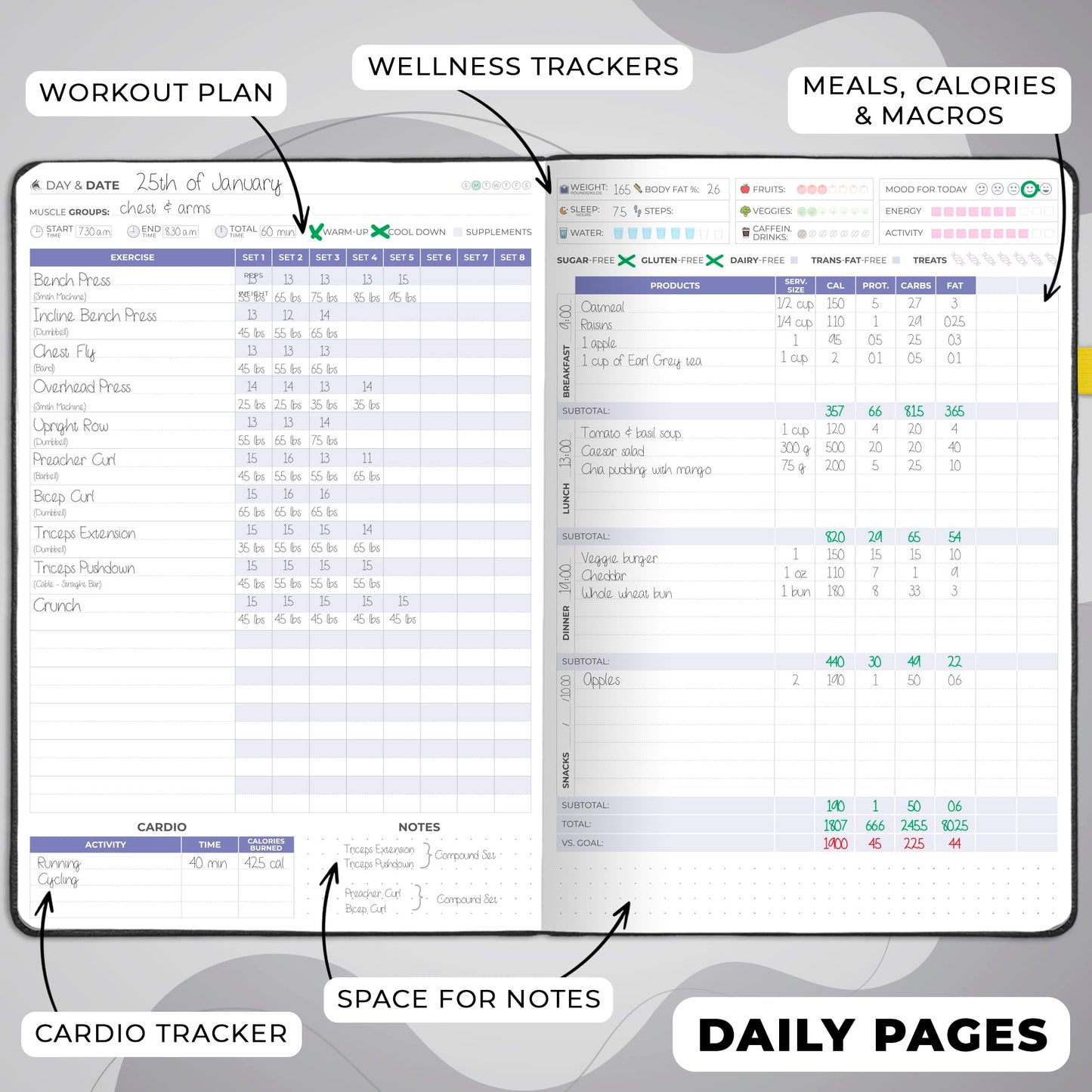 Clever Fox Fitness & Food Journal PRO – Daily Workout & Meal Planner for Women & Men – Exercise & Weight Loss Diary Notebook, 7.3x10.4” (Forest Green)