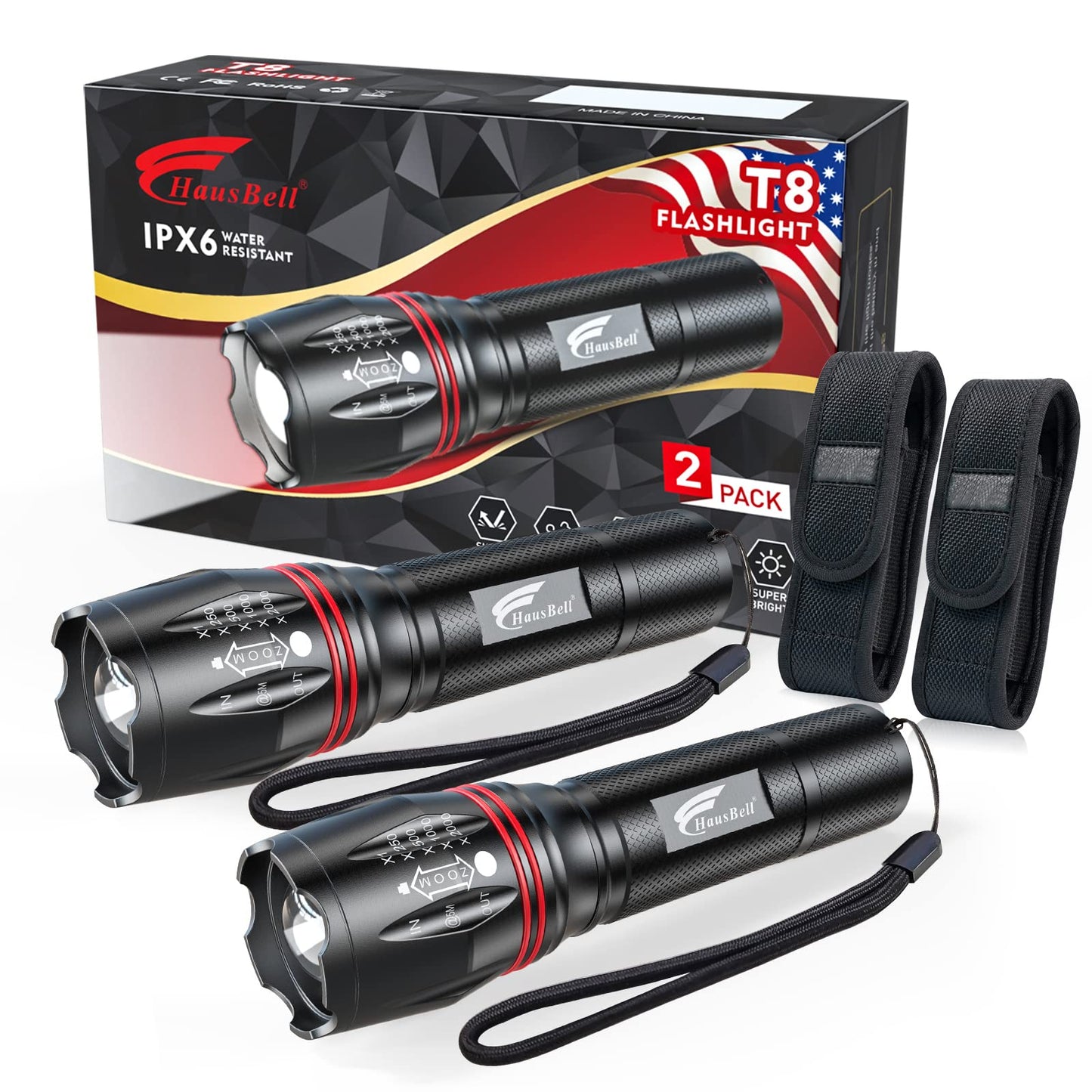 HAUSBELL T8 Upgraded LED Flashlight Bright, Zoomable Tactical LED Flashlights Flash Light with High Lumens and 5 Modes and Camping Accessories（4Pack）…