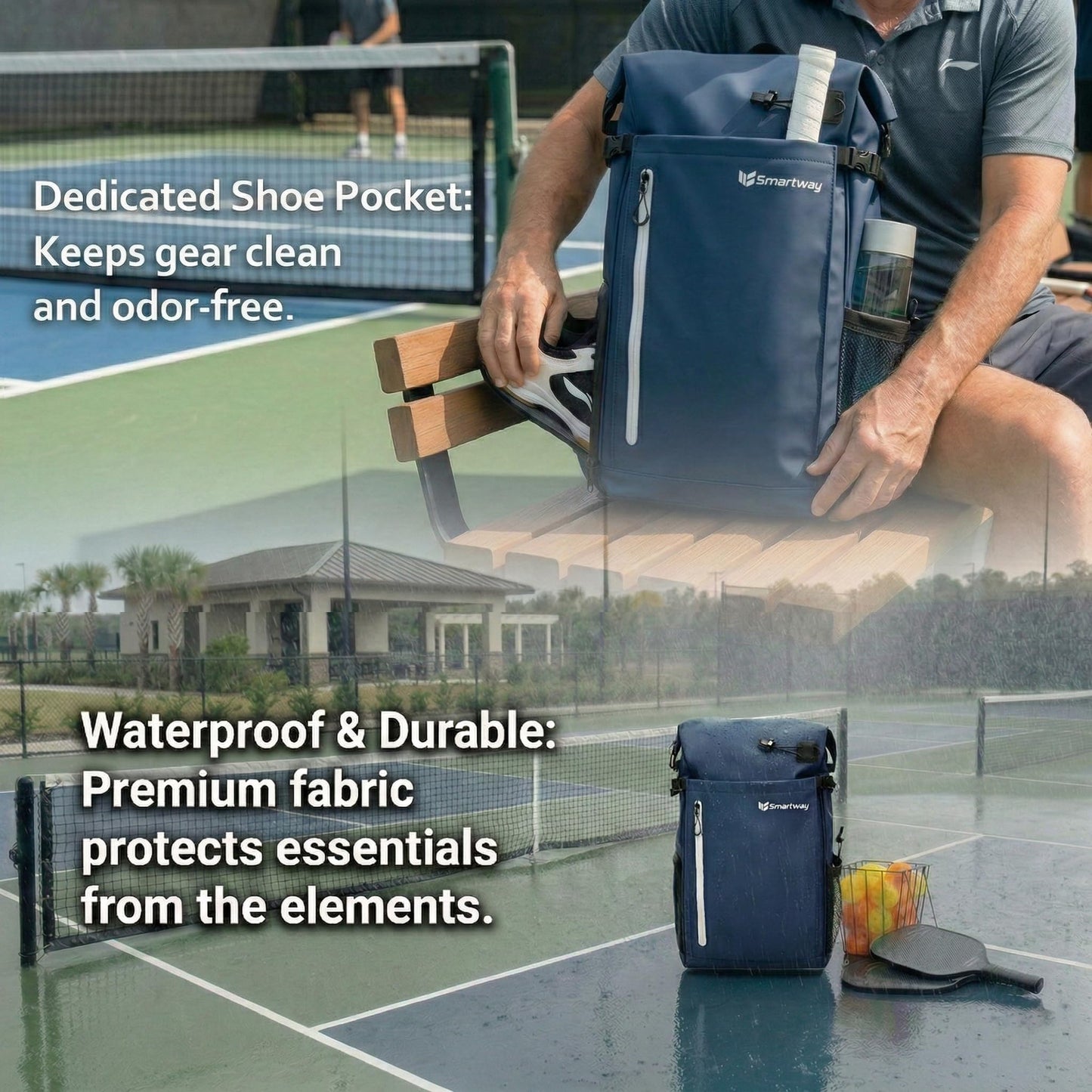 Smartway Waterproof Pickleball Bag With Shoe Compartment - Large Capacity Tennis Racket Backpack For Men Women