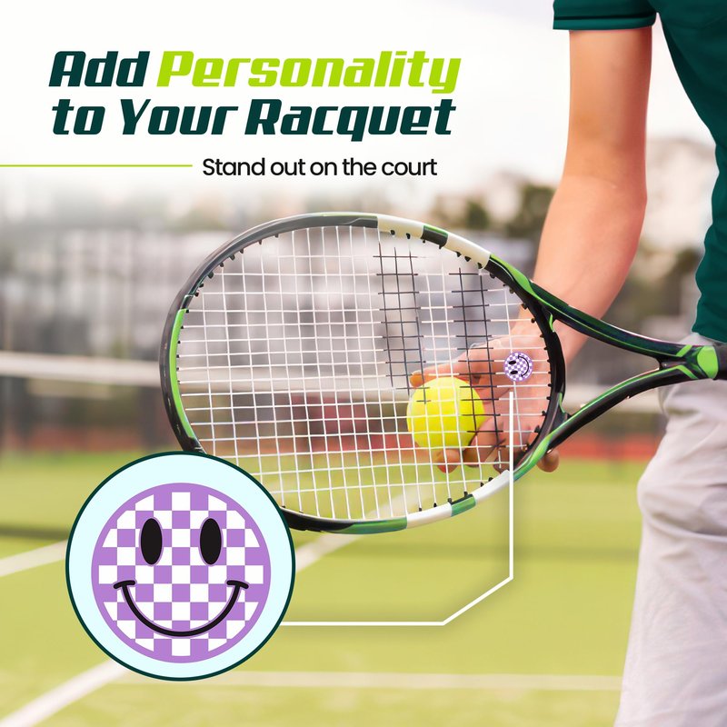 Tennis Racket Dampener - Checkered Purple Smiley Face Designs - Vibration & Noise-Reducing Preppy Tennis Shock Absorber for Racquets - Secure, Easy-Install Accessories for Players of All Levels