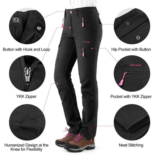KUTOOK Women's Windproof Fleece Lined Hiking Pants Softshell Cargo Pants with Multiple Pockets Black XX-Large