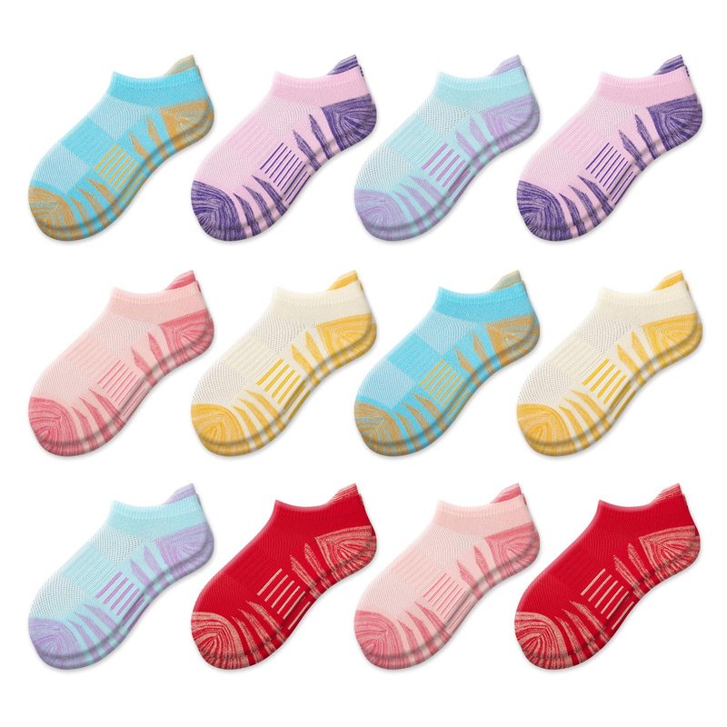 Comfoex Girls Socks 12 Pairs Ankle Breathable Athletic Mesh Cotton Sports Socks For Little Big Kids 4-6 6-8 8-10 Years Old