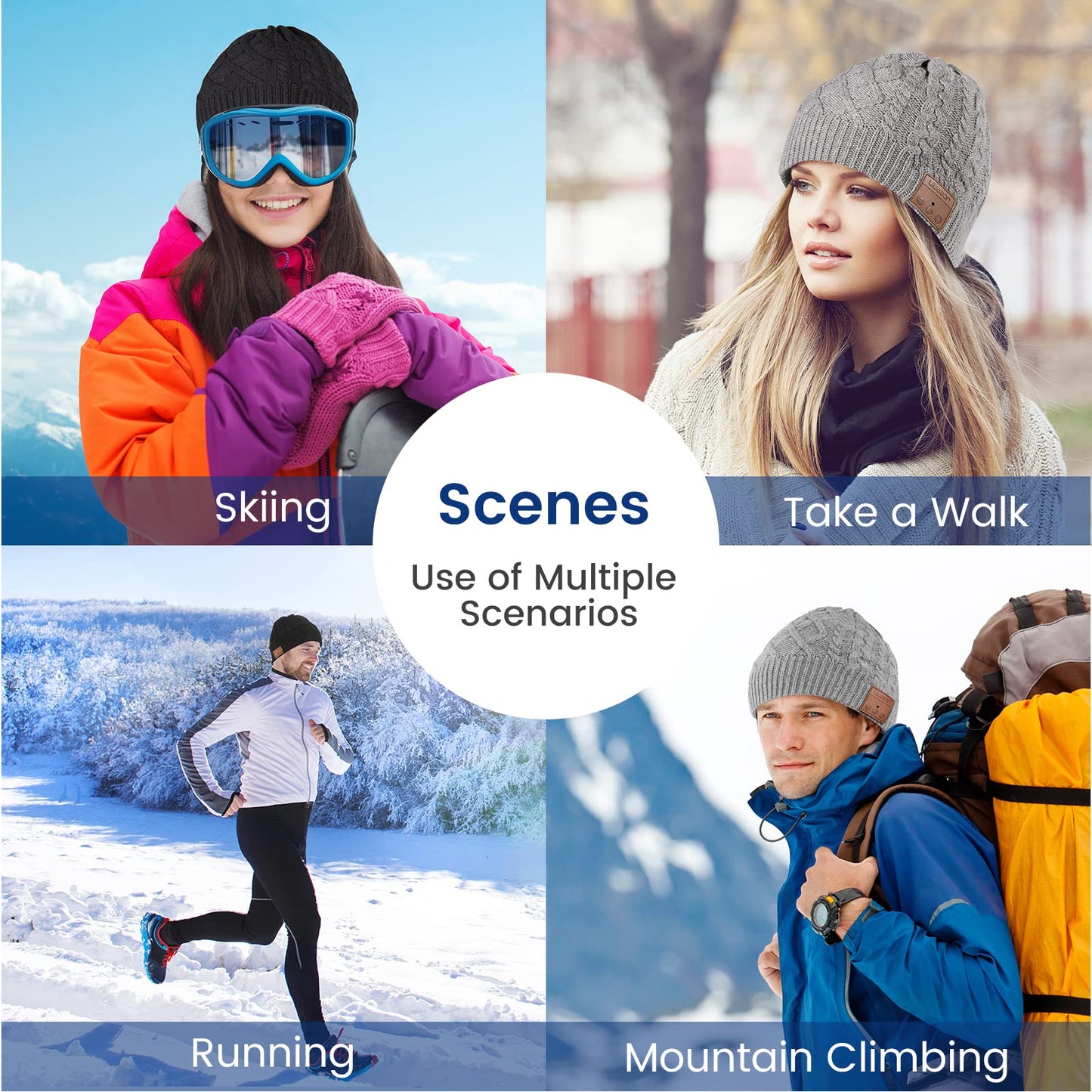 blueear Bluetooth Beanie Hat Bluetooh 5.2 Headphone Wireless Winter Knit Hats with Stereo Speaker and MIC 15 Hours Working Time for Outdoor Sports Grey