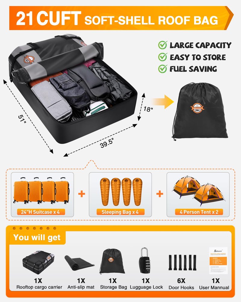 Sailnovo Rooftop Cargo Carrier Waterproof 21 Cubic Feet Car Roof Rack Cargo Carrier Roof Cargo Bag for All Cars with/Without Rack, Includes Anti-Slip Mat, 6 Door Hooks & Luggage Lock