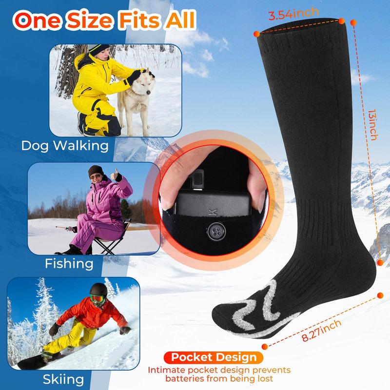 Heated Socks for Men Women - CYFJKG 2 * 5000mAh Rechargeable Battery Electric Socks with 4 Adjustable Heat Settings, Heated Hunting Sock Winter Heated Ski Sock for Cycling/Camping/Fishing/Hiking