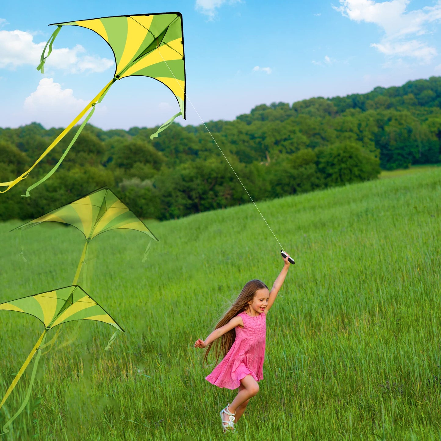 JOYIN 3 Packs Large Delta Kite Green, Blue and Rainbow, Easy to Fly for Kids with 262.5 ft String, Large Delta Beach Kite for Outdoor Games and Activities