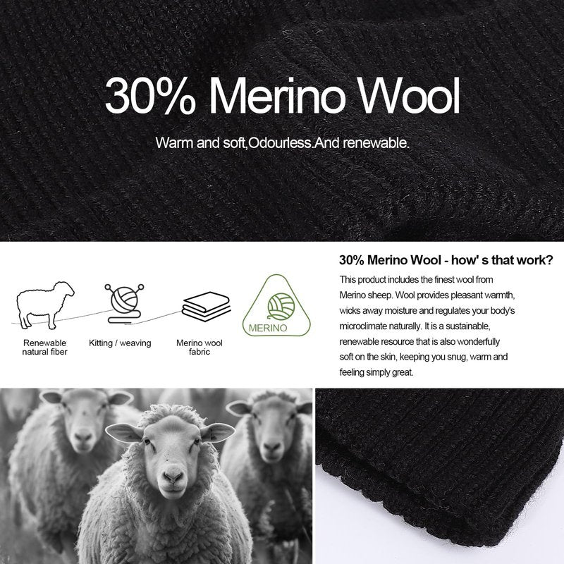 ZTL Oversize M/L/XL/XXL Beanie Hats for Men 30% Merino Wool Knit Hat, Winter Hats for Women Thick Warm Lined Cold Weather Skull Cap(Black,XXL)