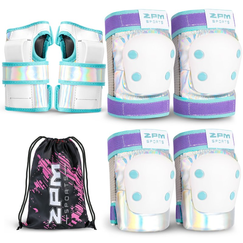 2PM SPORTS Knee Pads for Women, Wrist Guards Knee and Elbow Pads Set with Drawstring Bag, Protective Gear Set for Girls Kids Roller Skating Skateboard - Blue & Purple Medium