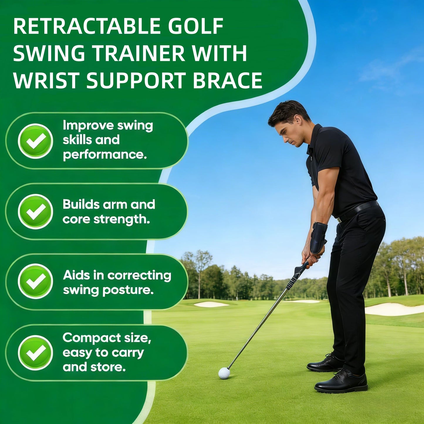 JCWPVA Retractable Golf Swing Trainer with Wrist Support Brace, Golf Grip Trainer & Swing Aid for Right Hand, Adjustable Golf Training Equipment for Strength & Tempo Training, Indoor Outdoor Practice