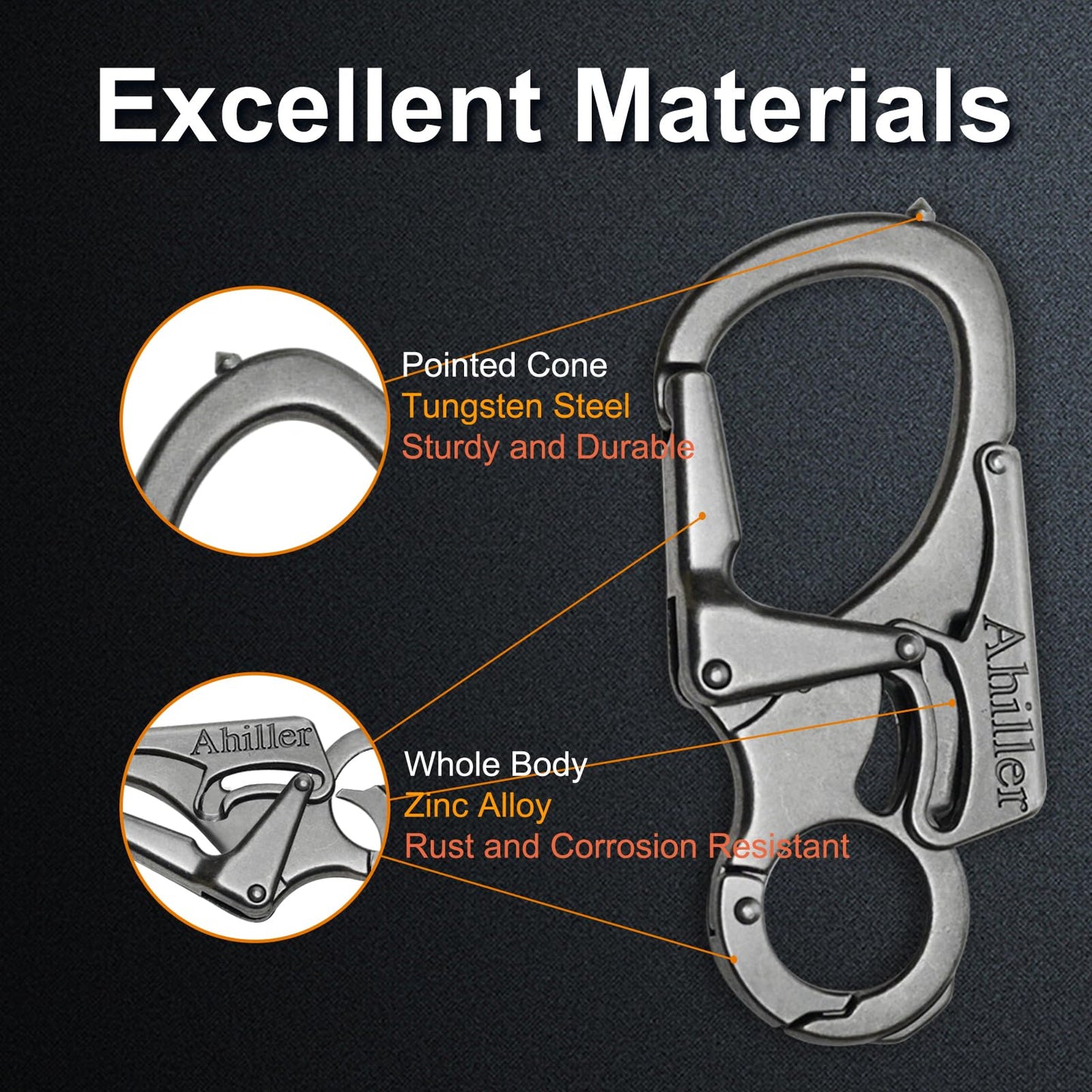 Ahiller 3" Carabiner Keychain Clip, Rugged Alloy Double Lock Design - Tungsten Steel Spike - Multi Tool Caribina, Small Key Ring Clip for Camping Hiking Fishing Outdoor Survival [Gunmetal-1P]