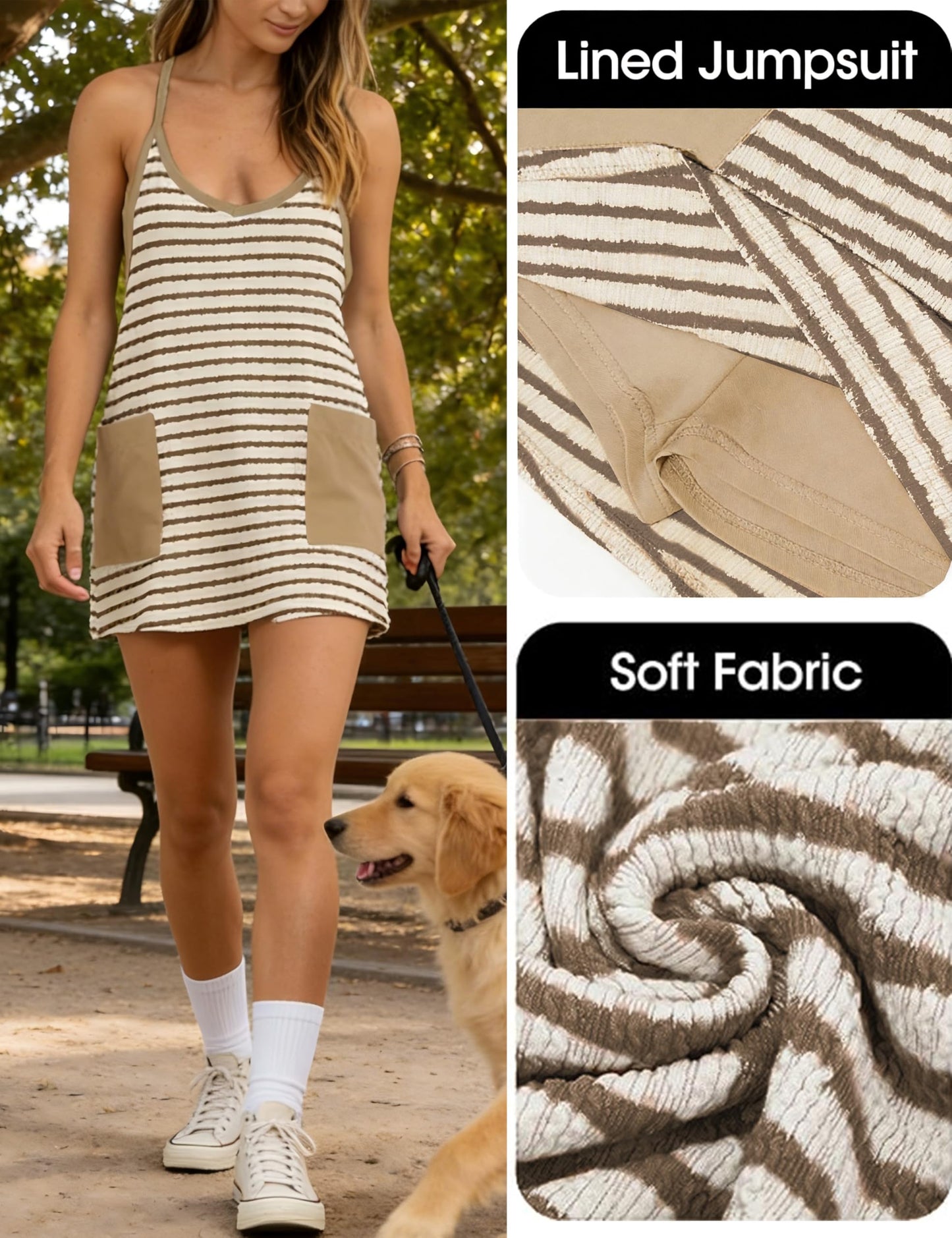 TIQOJE Women’s Striped Athletic Dress with Pockets – Casual Summer Tennis Dress 2025(stripedkhaki-XL)