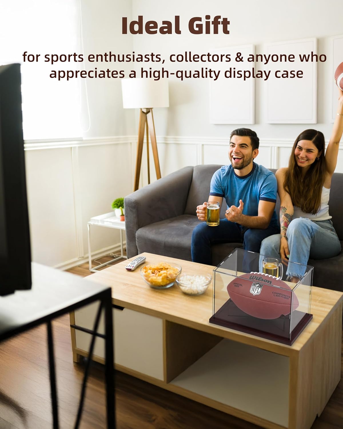 Acrylic Football Display Case - Full Size Stand Holder with Solid Wood Base | UV Protected for Fans & Collectors