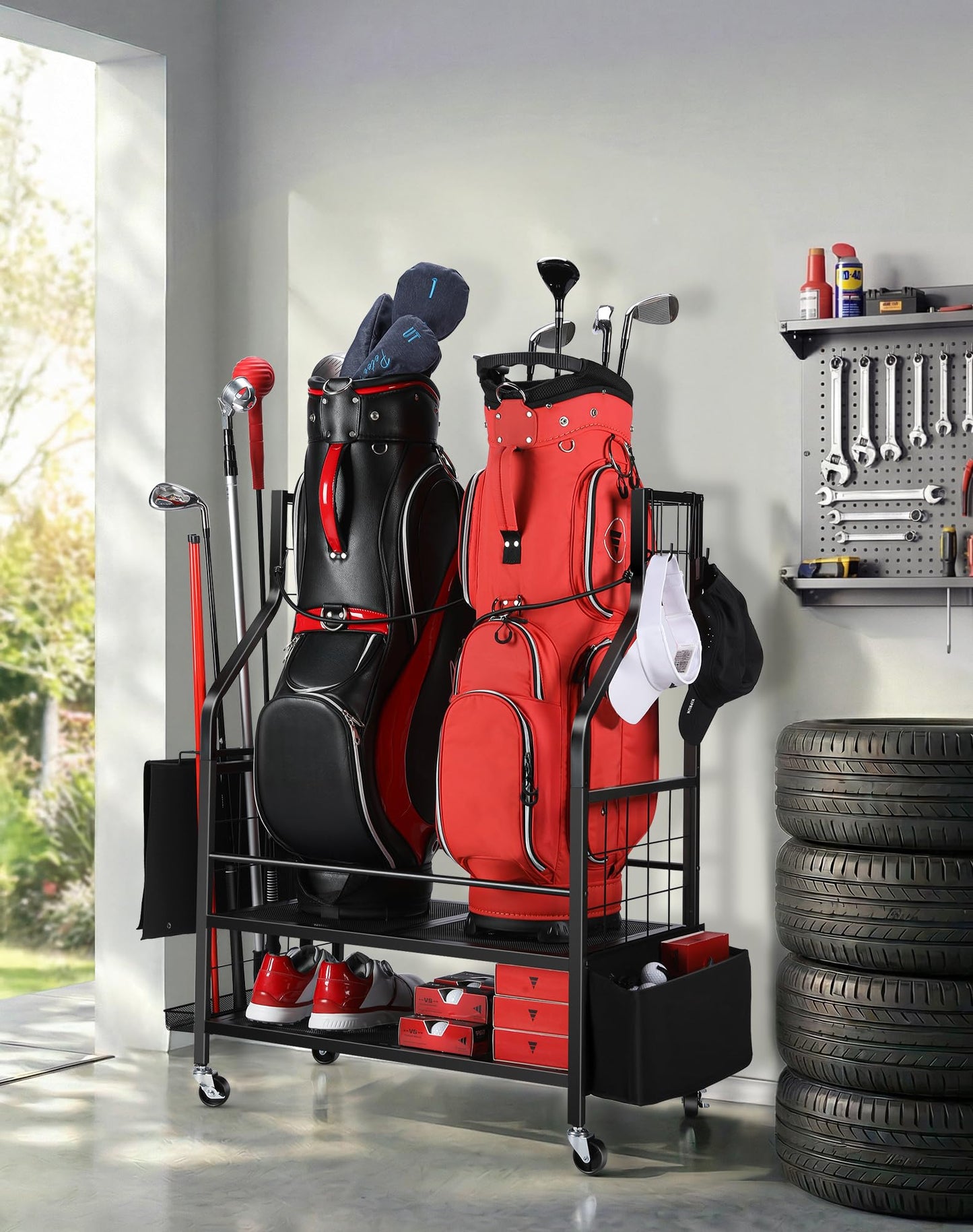 FHXZH Golf Bag Storage Garage Organizer - Golf Bag Stand Fit for 2 Bag, Extra Clubs, Balls, Shoes, and Golf Equipment Accessories, Golf Storage Rack for Garage, Club, Shed (2 Golf Bag Rack)
